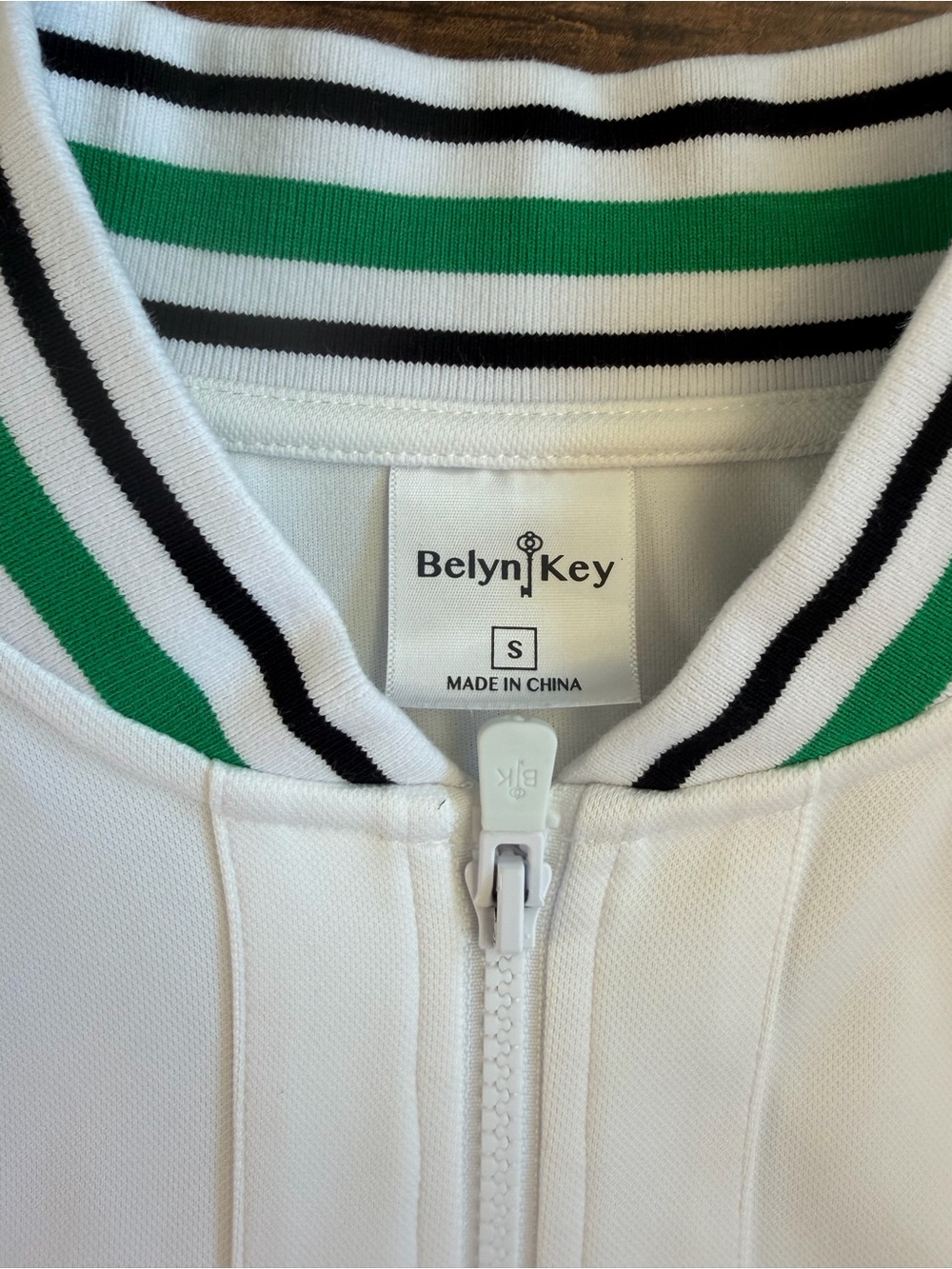Belyn Key White Golf Jacket Green Black Stripe Trim Full Zip Small